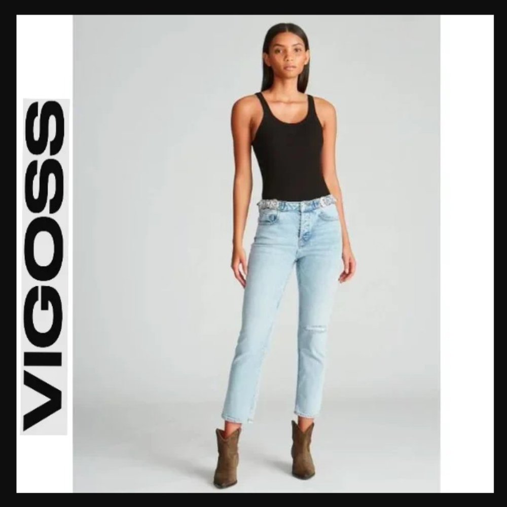 Vigross Frankie Slim Straight Leg Buckle Belt Detailed Cropped Jeans, Size 32